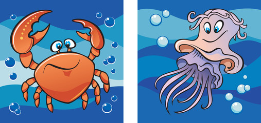 Marine life: crab and jellyfish, cartoon vector illustration