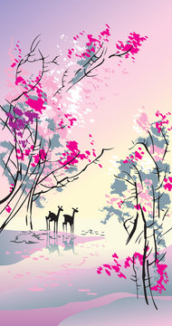 Four Seasons: Spring, Chinese Traditional Painting Style, Vector