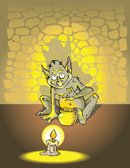 Greedy troll counting golden coins in the dungeon, vector