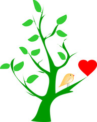 bird and heart on green tree