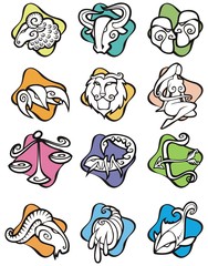 Set of 12 Zodiac signs, cartoon style, vector illustration