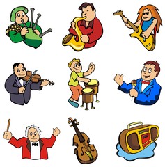 Set of musicians and music related objects, cartoon vector