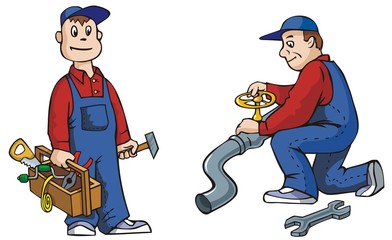 Two pictures of working plumber with tools, cartoon vector