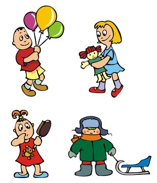 Set of cartoon drawing of children, different activities, vector