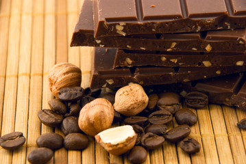chocolate, coffee grains and nuts