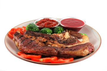 roast served beef steak and chili sauces