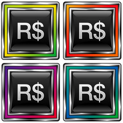 Brazilian Real currency icon on square vector button set