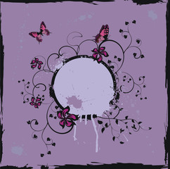 Grunge violet floral frame with butterflies