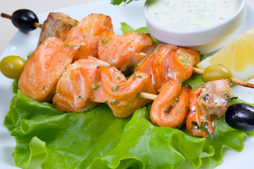 Shish Kebab from  Salmon  .fish roast.close-up