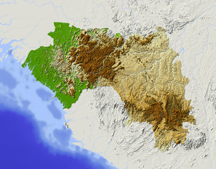 Guinea, shaded relief map, colored for elevation
