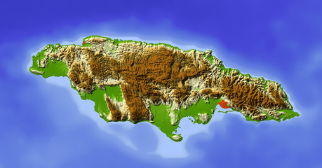 Jamaica, shaded relief map, colored for elevation - obrazy, fototapety, plakaty