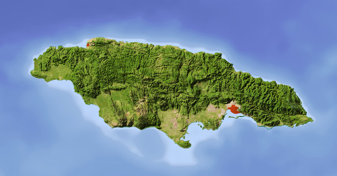 Jamaica, shaded relief map, colored for vegetation