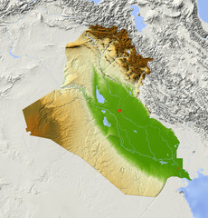 Iraq, shaded relief map, colored for elevation