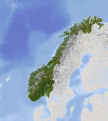 Norway, shaded relief map, colored for vegetation