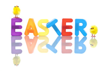 easter background with yellow baby chicks and colorful letters
