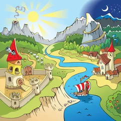 Fototapete Schloss Märchenlandschaft, Wunderland, Schloss und Stadt, Cartoon
