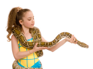 close-up of sweet girl with pet python