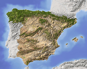 Spain, shaded relief map, colored for vegetation