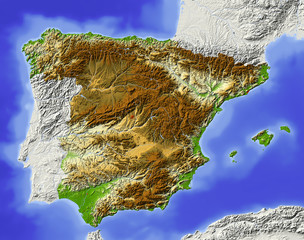 Obraz premium Spain, shaded relief map, colored for elevation