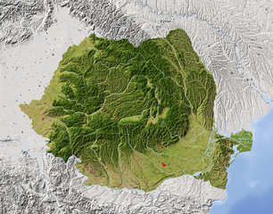 Romania, shaded relief map, colored for vegetation