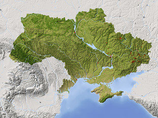 Ukraine, shaded relief map, colored for vegetation