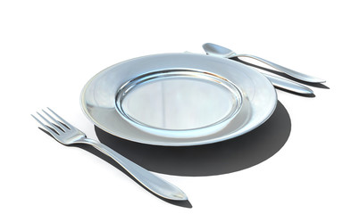 knife, fork, spoon and plate - isolated 3d render