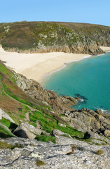 Fototapeta premium Scenic view from the cliffs above Porthcurno beach, Cornwall UK.