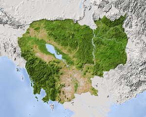 Cambodia, shaded relief map, colored for vegetation