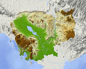 Cambodia, shaded relief map.