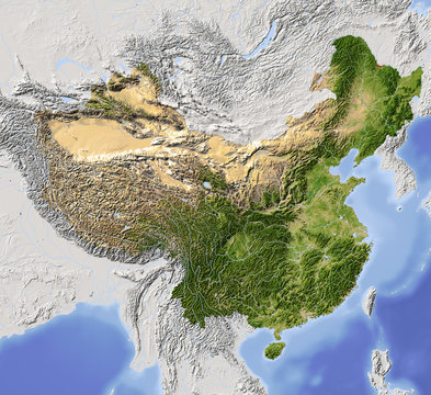 China, shaded relief map, colored for vegetation