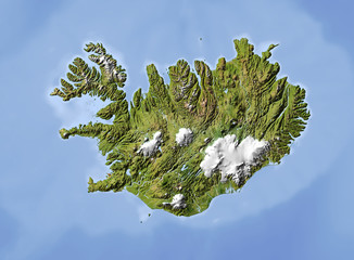 Iceland, shaded relief map, colored for vegetation
