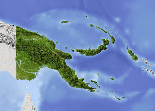 Papua New Guinea, shaded relief map, colored for vegetation