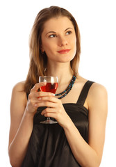 Beautiful girl with a glass of wine. Isolated on white