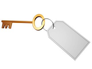 golden key with blank tag isolated on white
