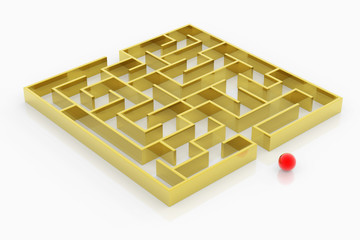 Red sphere entering golden labyrinth