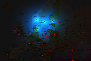 Highlighted Scandinavia on Europe map