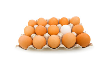 Stand out of crowd concept with eggs on white