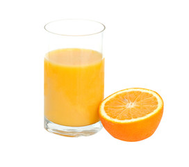 Glass of natural orange juice and section of orange