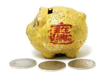 Funny yellow piggy bank