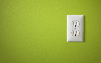 white electric outlet mounted on green wall - obrazy, fototapety, plakaty