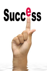 Hand with success word isolated in white