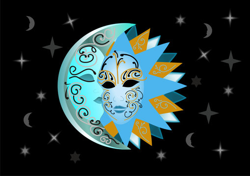 Illustration of abstract sun and moon mask