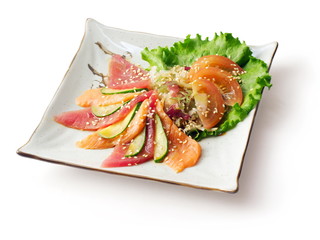 Mix from fish meat, cucumber, cabbage, tomato and salad...