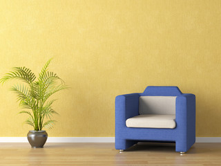 blue couch on yellow wall