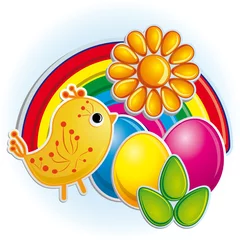 Foto op Plexiglas Vogel Schattige kleine kip met de heldere paaseieren