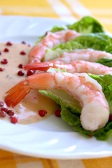 Frische Garnelen mit Salat und Dressing