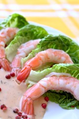 Frische Garnelen mit Salat und Dressing