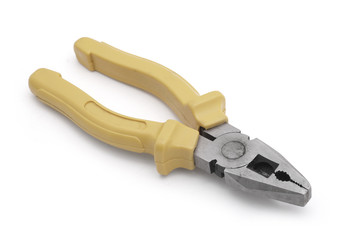 Steel pliers with pale yellow handle.