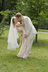 Happy bride and groom on their wedding day