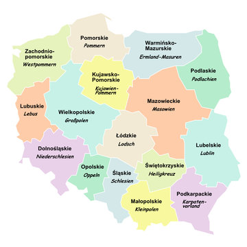 Polen - Woiwodschaften mit Namen auf Polnisch und Deutsch